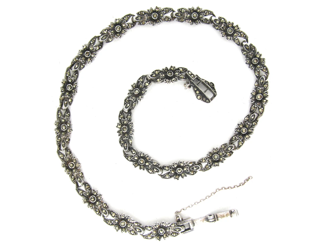 Art Deco Silver & Marcasite Flowers Necklace 5 Art Deco Silver & Marcasite Flowers Necklace - Image 3