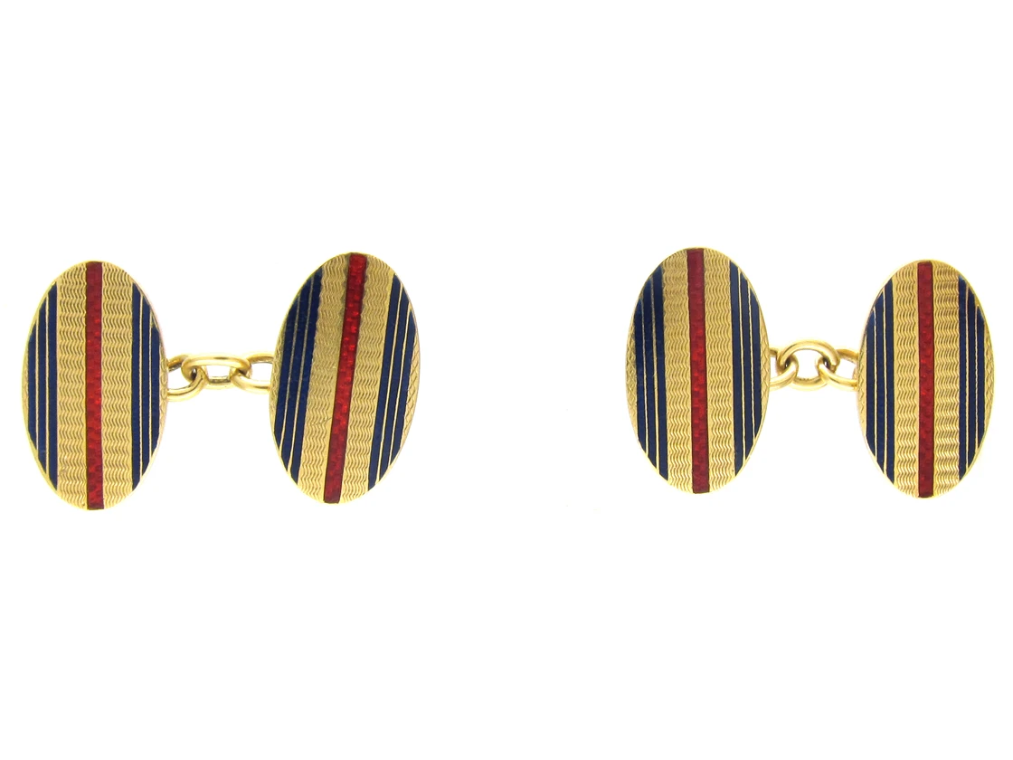 18ct Gold Blue & Red Enamel Oval Cufflinks 3 18ct Gold Blue & Red Enamel Oval Cufflinks