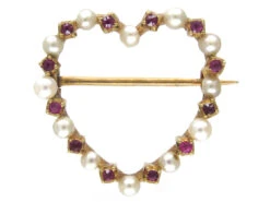 Edwardian Ruby & Pearl Heart Brooch In Original Case
