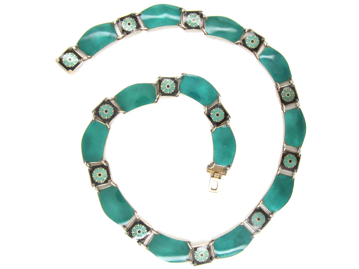Norwegian Green & Black Enamel & Silver Art Deco Necklace 3 Norwegian Green & Black Enamel & Silver Art Deco Necklace