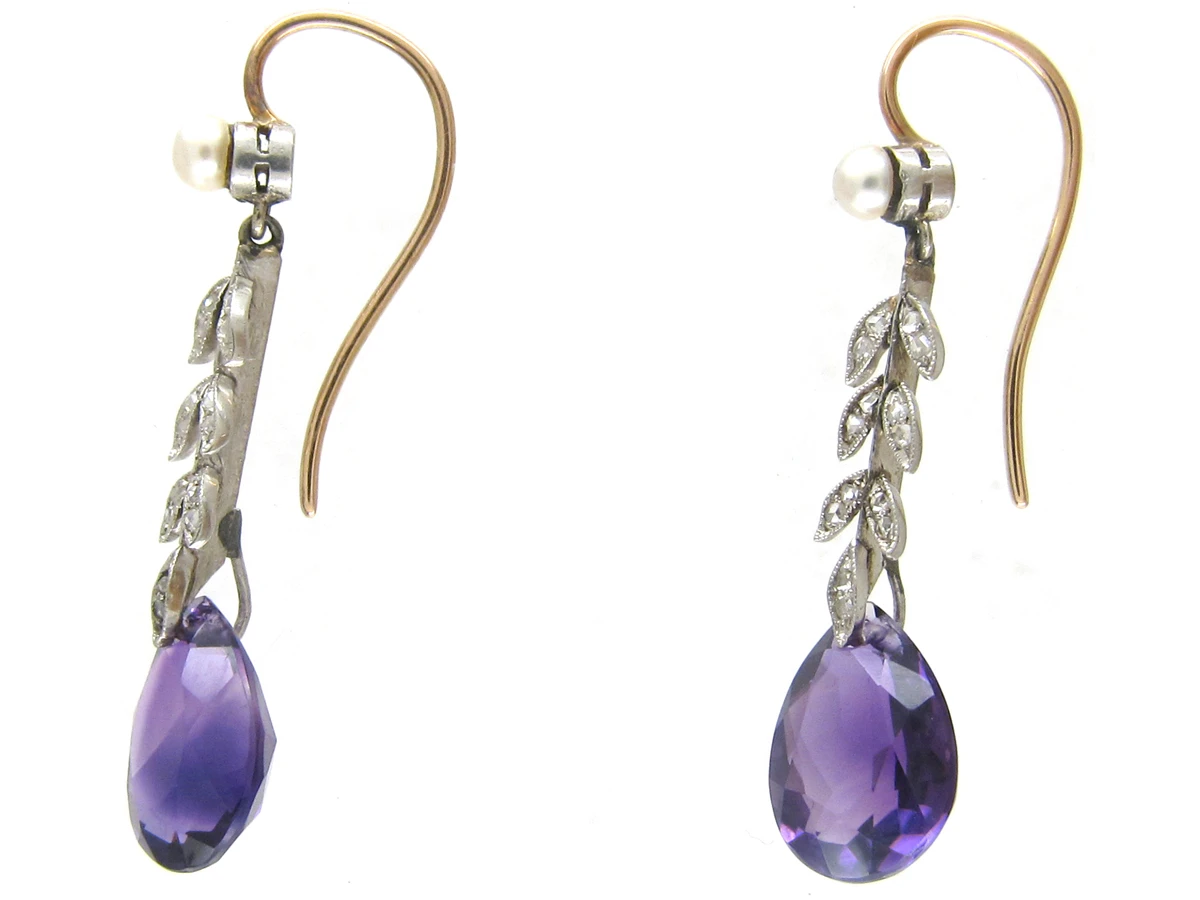 Edwardian Amethyst Natural Pearl & Diamond Drop Earrings 4 Edwardian Amethyst Natural Pearl & Diamond Drop Earrings - Image 2