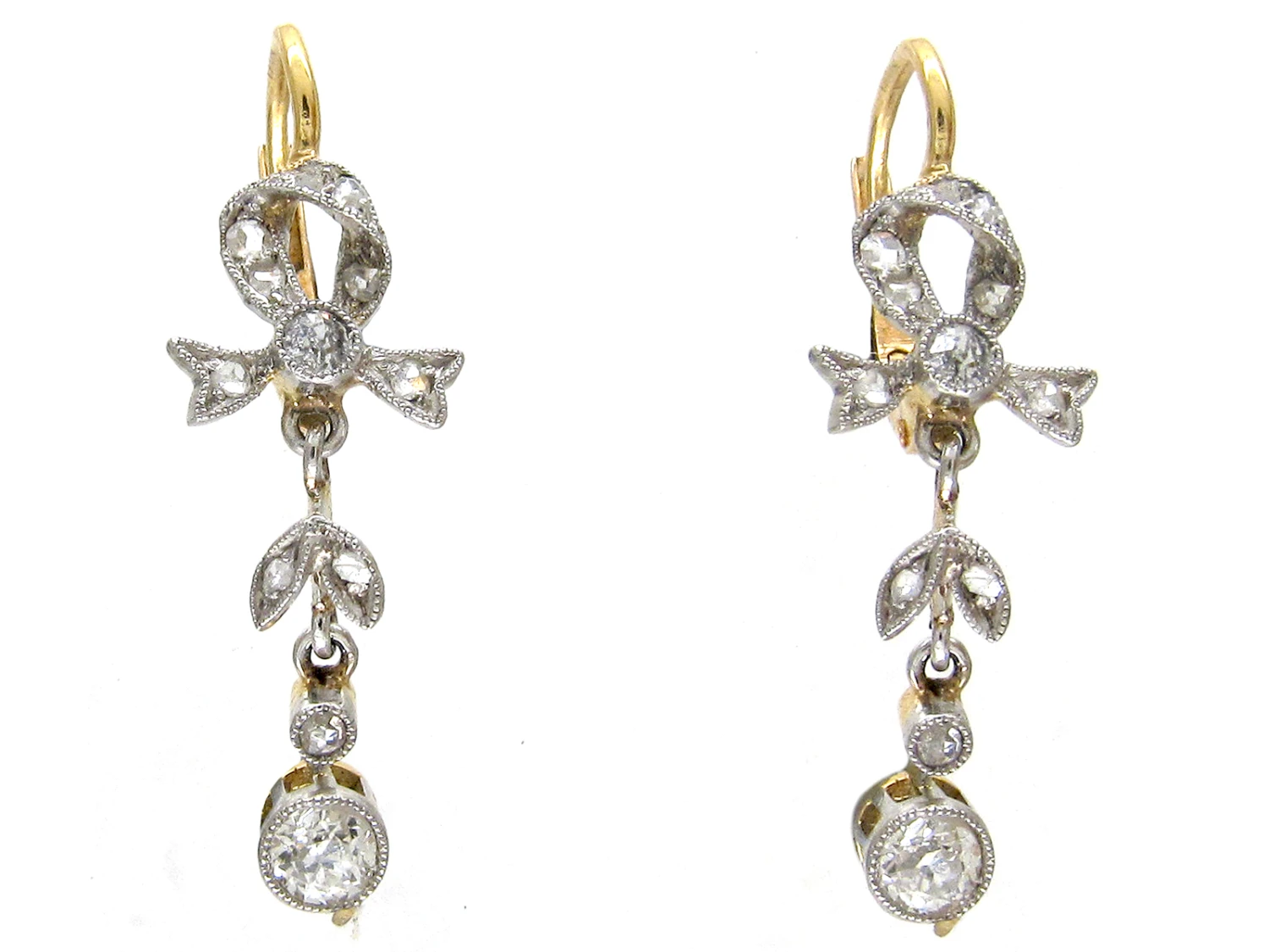 Edwardian Diamond Bow & Leaf Drop Earrings 3 Edwardian Diamond Bow & Leaf Drop Earrings