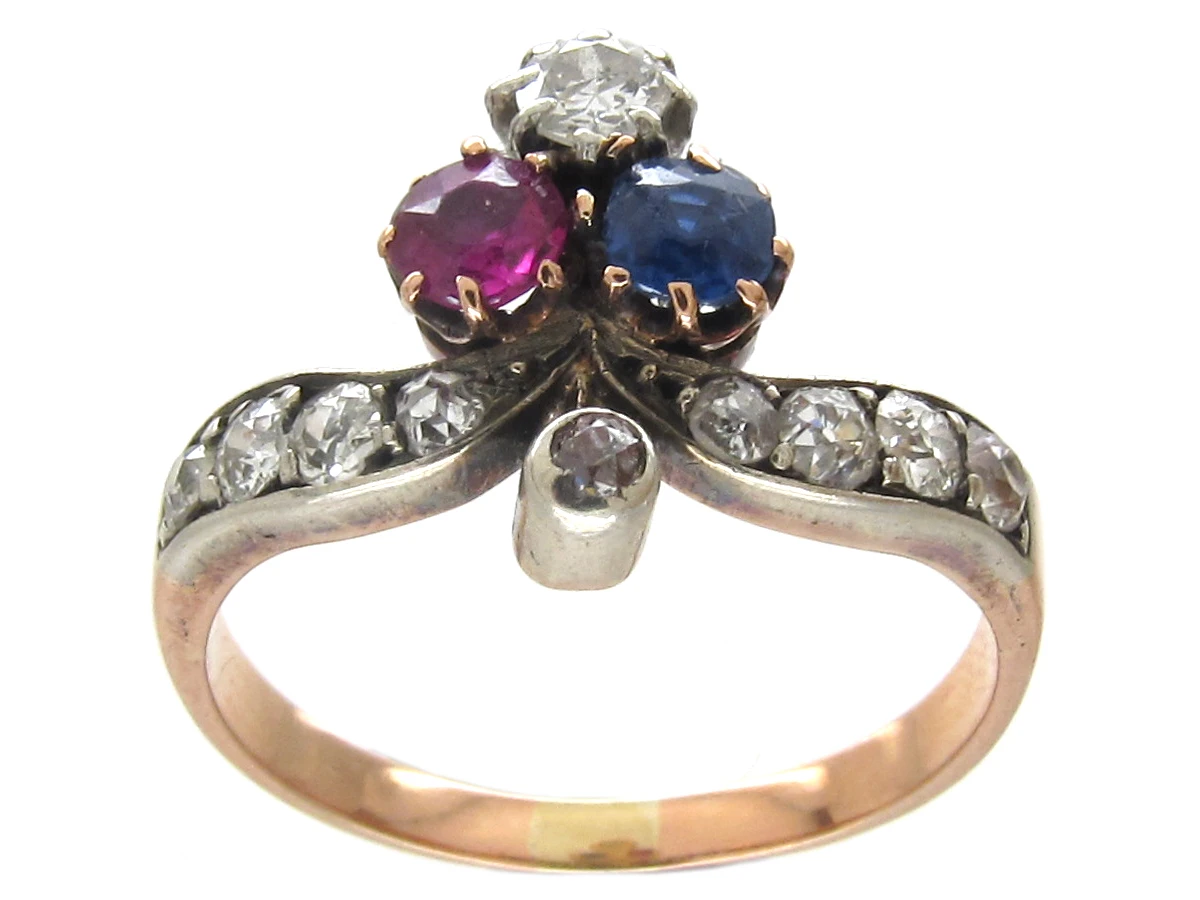 Art Nouveau Sapphire Diamond & Ruby Trefoil Ring 5 Art Nouveau Sapphire Diamond & Ruby Trefoil Ring - Image 3