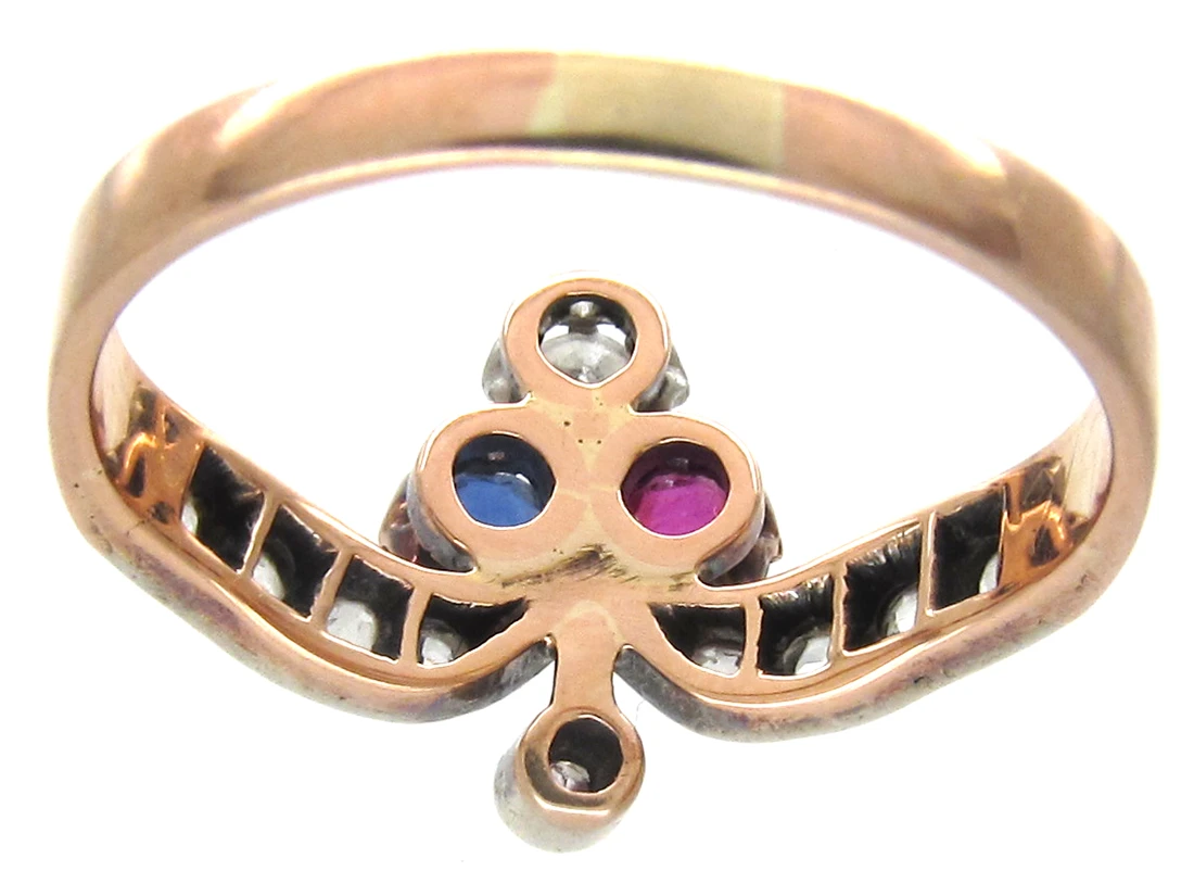 Art Nouveau Sapphire Diamond & Ruby Trefoil Ring 6 Art Nouveau Sapphire Diamond & Ruby Trefoil Ring - Image 4