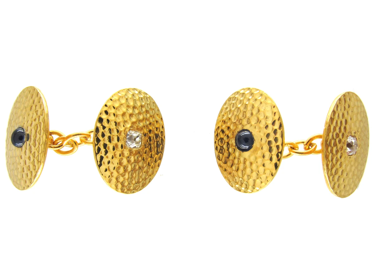 Edwardian 18ct Hammered Gold Sapphire & Diamond Cufflinks 3 Edwardian 18ct Hammered Gold Sapphire & Diamond Cufflinks