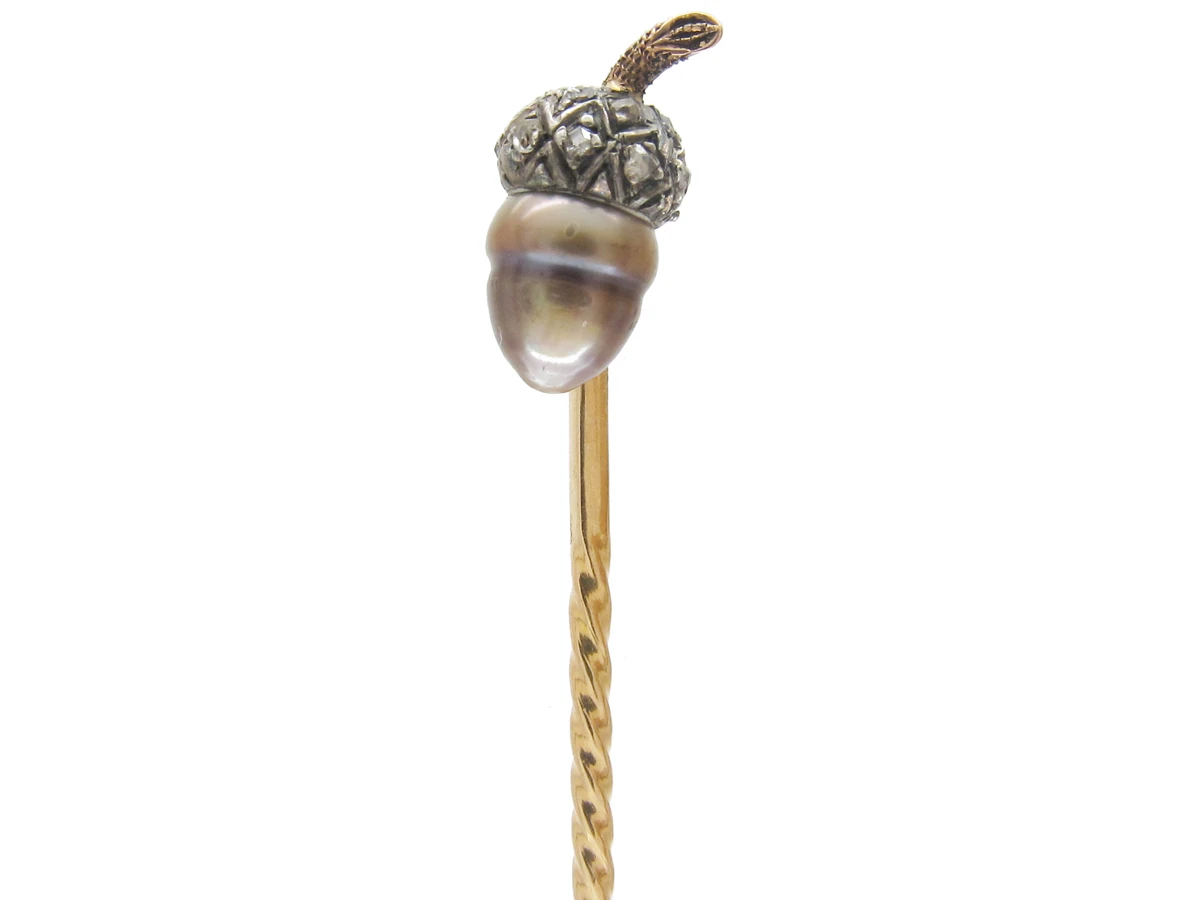 Edwardian Natural Grey Pearl & Rose Diamond Acorn Stickpin 3 Edwardian Natural Grey Pearl & Rose Diamond Acorn Stickpin