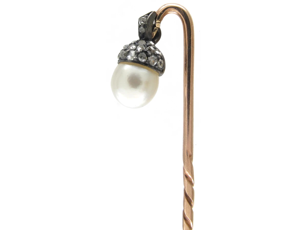 Edwardian Natural Pearl & Rose Diamond Acorn Stickpin 3 Edwardian Natural Pearl & Rose Diamond Acorn Stickpin