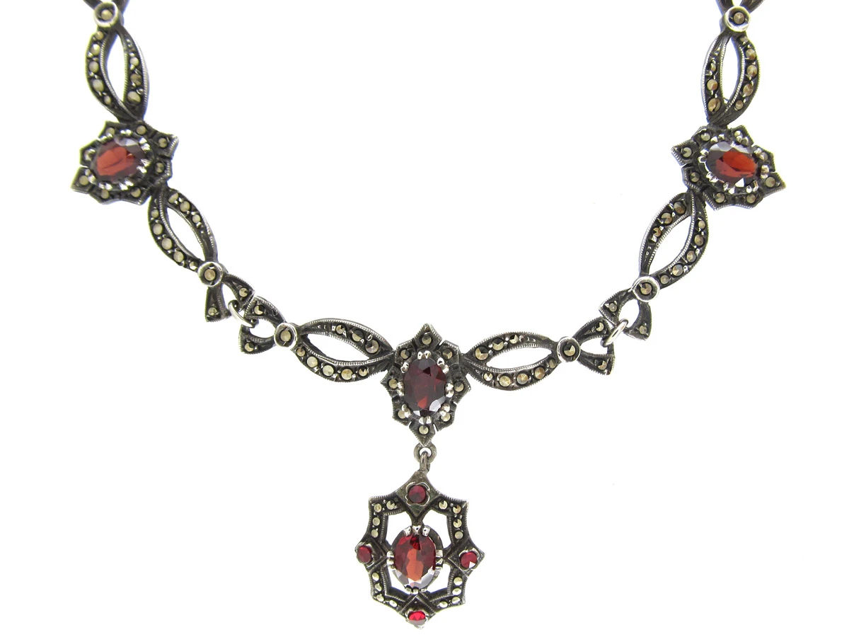 Art Deco Marcasite & Garnet Festoon Silver Necklace 4 Art Deco Marcasite & Garnet Festoon Silver Necklace - Image 2