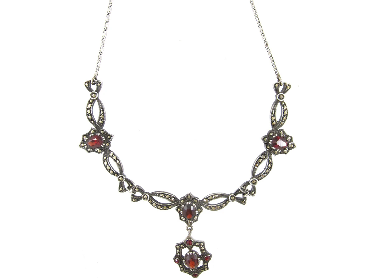 Art Deco Marcasite & Garnet Festoon Silver Necklace 3 Art Deco Marcasite & Garnet Festoon Silver Necklace