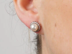 14ct White Gold, Pearl & Diamond Cluster Earrings -Antique Jewellery Company NSF05061 1