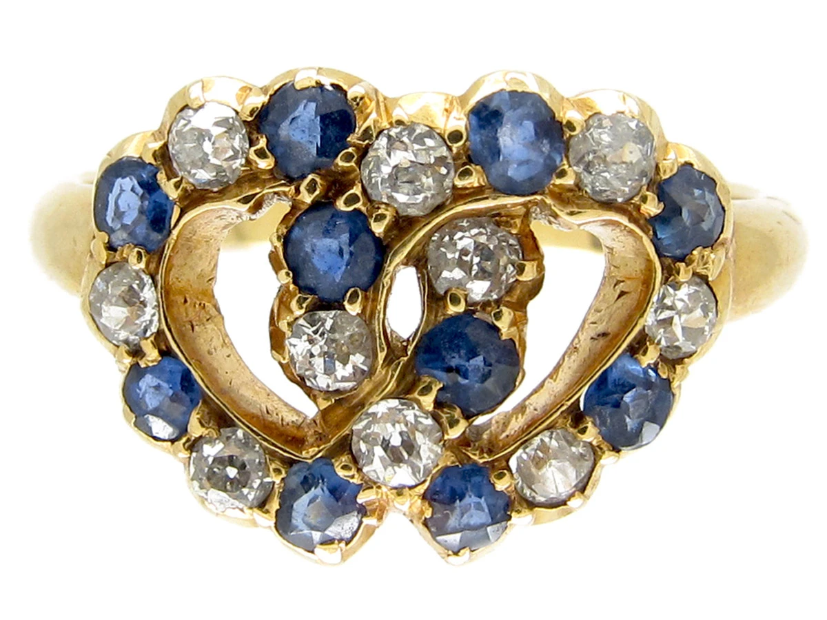 Edwardian 18ct Gold Intertwined Sapphire & Diamond Hearts Ring 3 Edwardian 18ct Gold Intertwined Sapphire & Diamond Hearts Ring