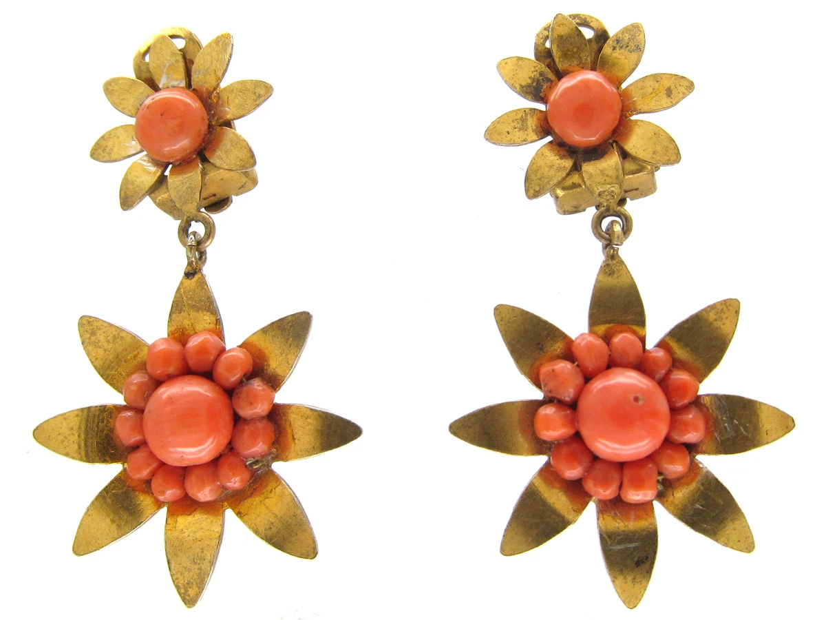Victorian Silver Gilt & Coral Two Flower Earrings 4 Victorian Silver Gilt & Coral Two Flower Earrings - Image 2