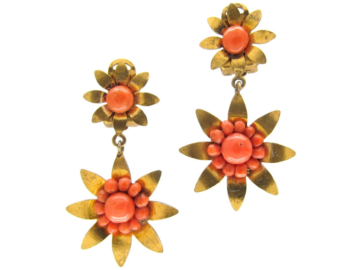 Victorian Silver Gilt & Coral Two Flower Earrings 3 Victorian Silver Gilt & Coral Two Flower Earrings
