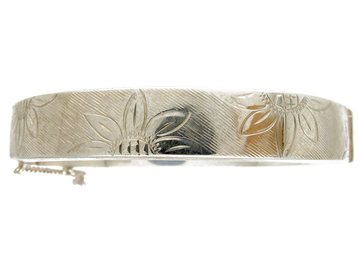 Engraved Flowers Silver Bangle 3 Engraved Flowers Silver Bangle