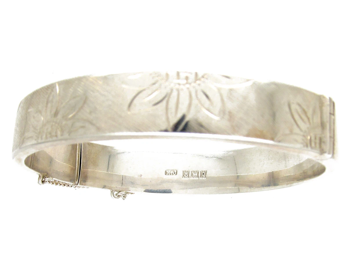 Engraved Flowers Silver Bangle 7 Engraved Flowers Silver Bangle - Image 5