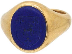 9ct Gold & Lapis Lazuli Signet Ring With Intaglio Of A Cow & Crosses -Antique Jewellery Company a24345f0 dsc07261