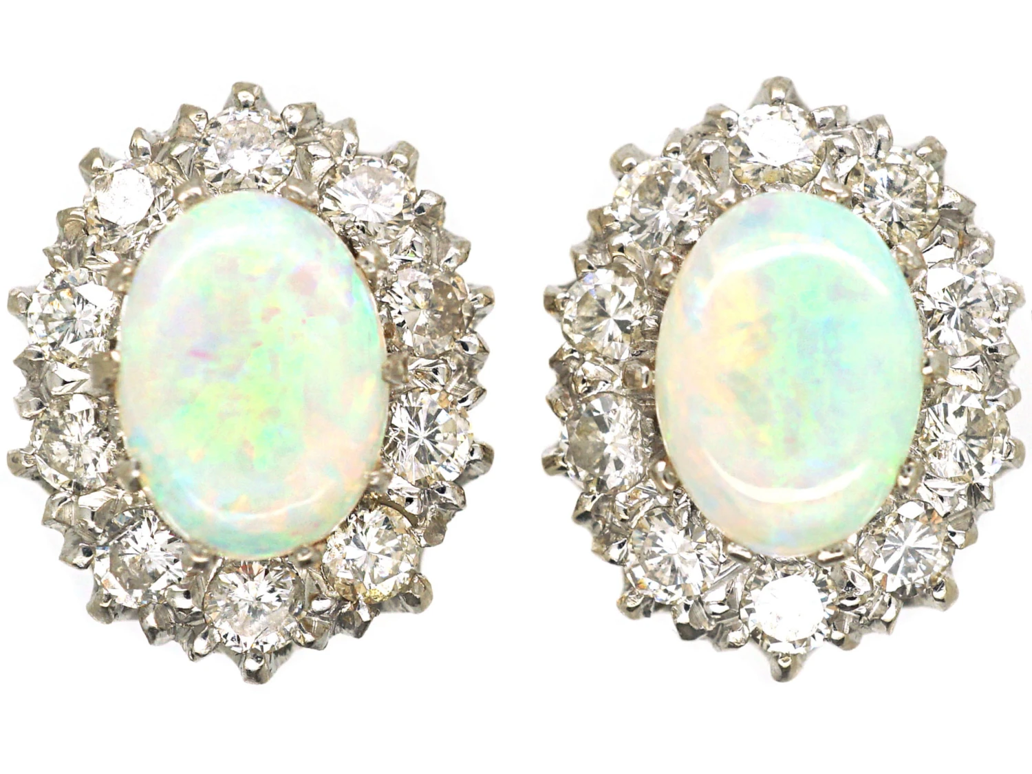 18ct White & Yellow Gold, Opal & Diamond Oval Cluster Earrings 3 18ct White & Yellow Gold, Opal & Diamond Oval Cluster Earrings