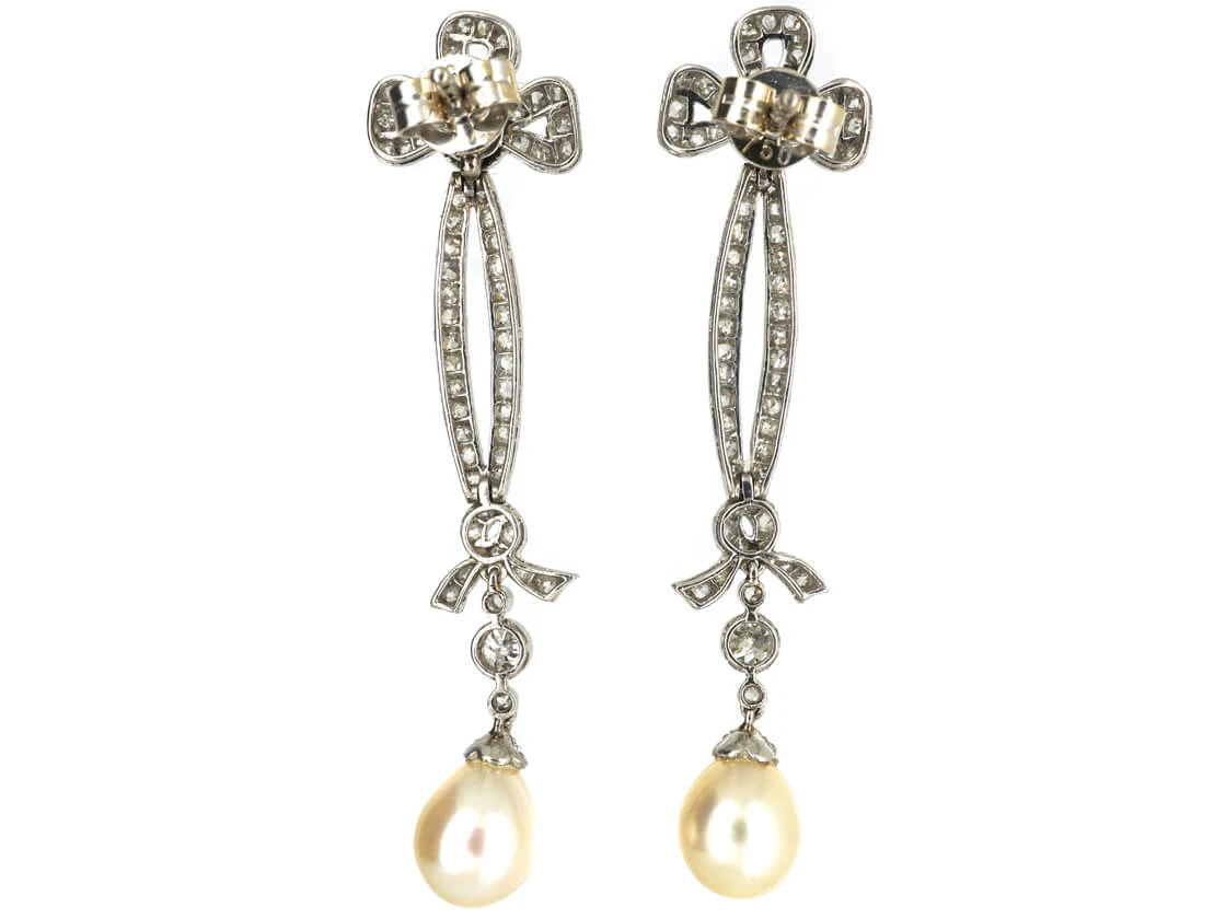 Edwardian Platinum, Diamond & Pearl Drop Earrings With Bow Drops 5 Edwardian Platinum, Diamond & Pearl Drop Earrings With Bow Drops - Image 3