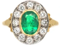 18ct Gold, Emerald & Diamond Oval Cluster Ring