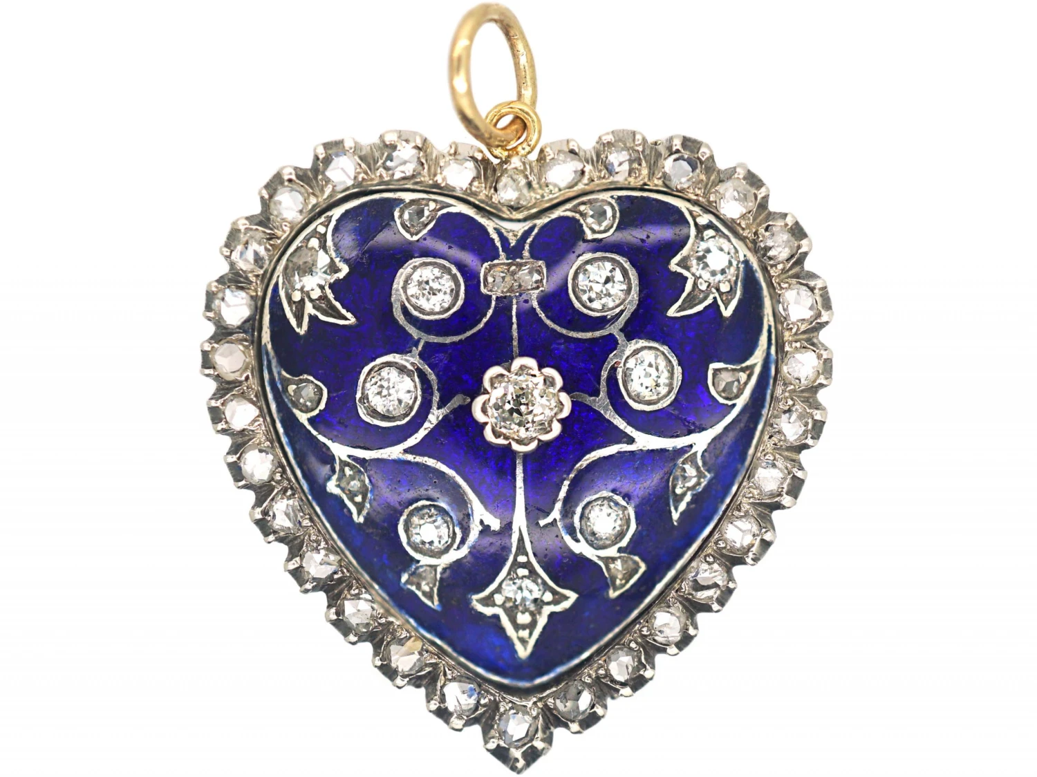 Edwardian 18ct White & Yellow Gold Royal Blue Enamel & Diamond Heart Shaped Pendant 3 Edwardian 18ct White & Yellow Gold Royal Blue Enamel & Diamond Heart Shaped Pendant