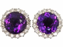 18ct White Gold, Large Amethyst & Diamond Cluster Earrings