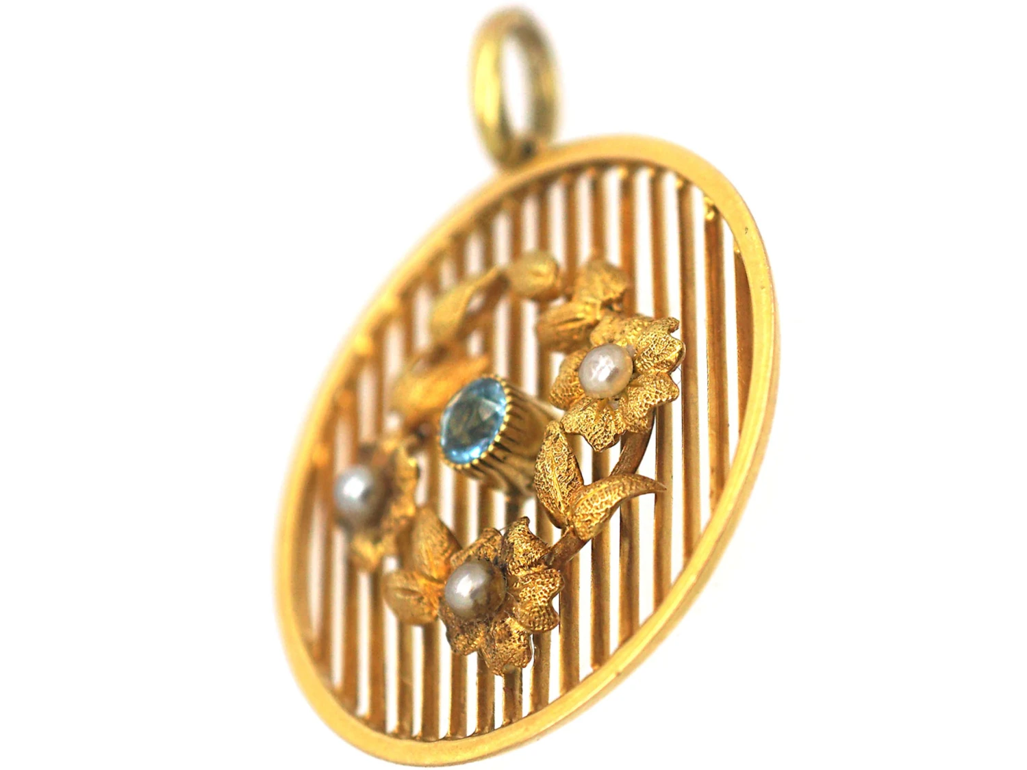 Edwardian 15ct Gold Aquamarine & Natural Split Pearl Round Pendant 4 Edwardian 15ct Gold Aquamarine & Natural Split Pearl Round Pendant - Image 2