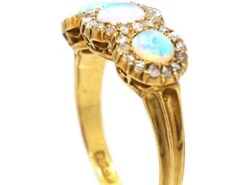 Edwardian 18ct Gold, Three Stone Opal & Rose Diamond Triple Cluster Ring 10 Edwardian 18ct Gold, Three Stone Opal & Rose Diamond Triple Cluster Ring -Antique Jewellery Company aa324963 dsc06883