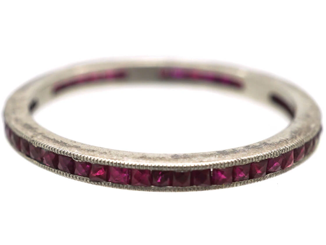 Art Deco Platinum Narrow French Cut Ruby Eternity Ring 7 Art Deco Platinum Narrow French Cut Ruby Eternity Ring - Image 5