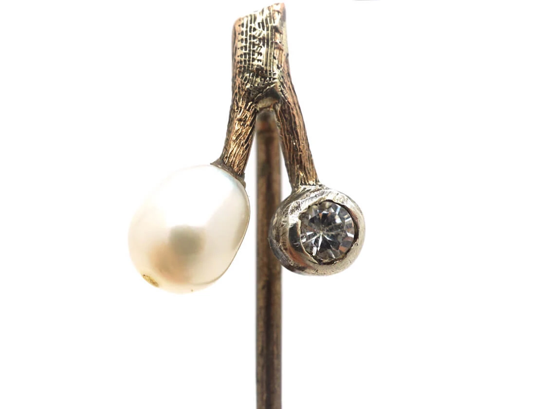 Edwardian 9ct Gold Diamond & Pearl Sprig Tie Pin 3 Edwardian 9ct Gold Diamond & Pearl Sprig Tie Pin