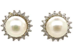 14ct White Gold, Pearl & Diamond Cluster Earrings