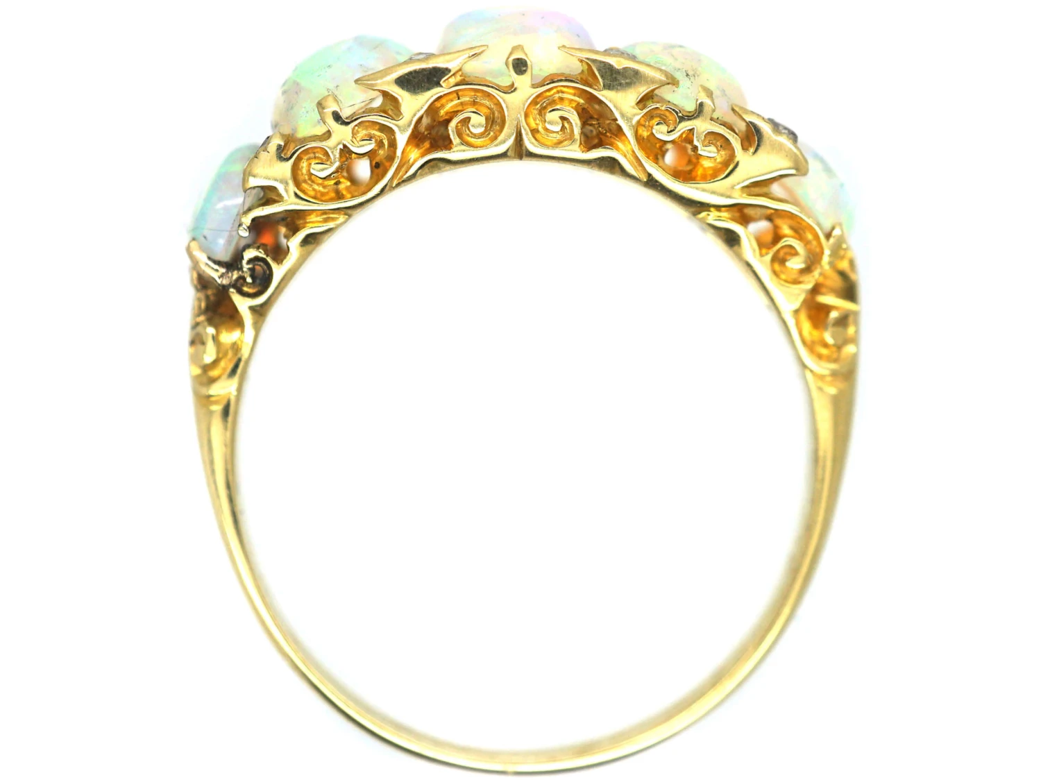 Edwardian 18ct Gold Half Carved Half Hoop Five Stone Opal Ring 6 Edwardian 18ct Gold Half Carved Half Hoop Five Stone Opal Ring - Image 4