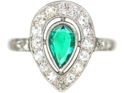 Art Deco Platinum Emerald & Diamond Pear Shaped Ring