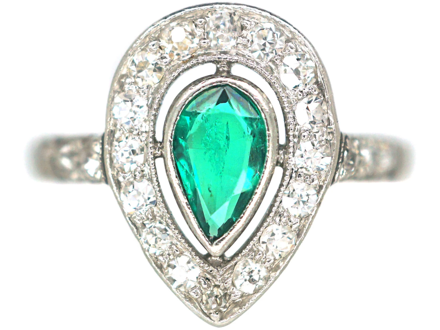 Art Deco Platinum Emerald & Diamond Pear Shaped Ring 3 Art Deco Platinum Emerald & Diamond Pear Shaped Ring