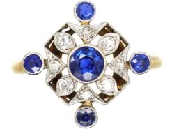 Edwardian 18ct Gold & Platinum, Sapphire & Diamond Ring With Diamond Shaped Design