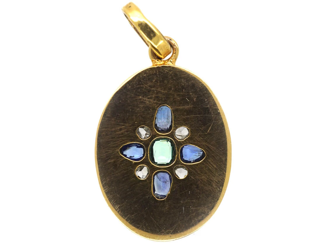 Edwardian 18ct Gold Oval Pendant Set With An Emerald, Rose Diamonds & Sapphires 5 Edwardian 18ct Gold Oval Pendant Set With An Emerald, Rose Diamonds & Sapphires - Image 3