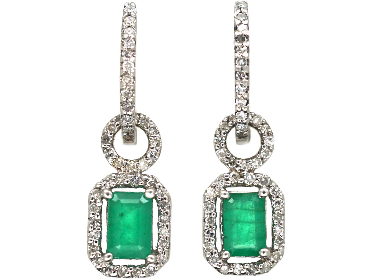 18ct White Gold, Emerald & Diamond Drop Earrings 3 18ct White Gold, Emerald & Diamond Drop Earrings