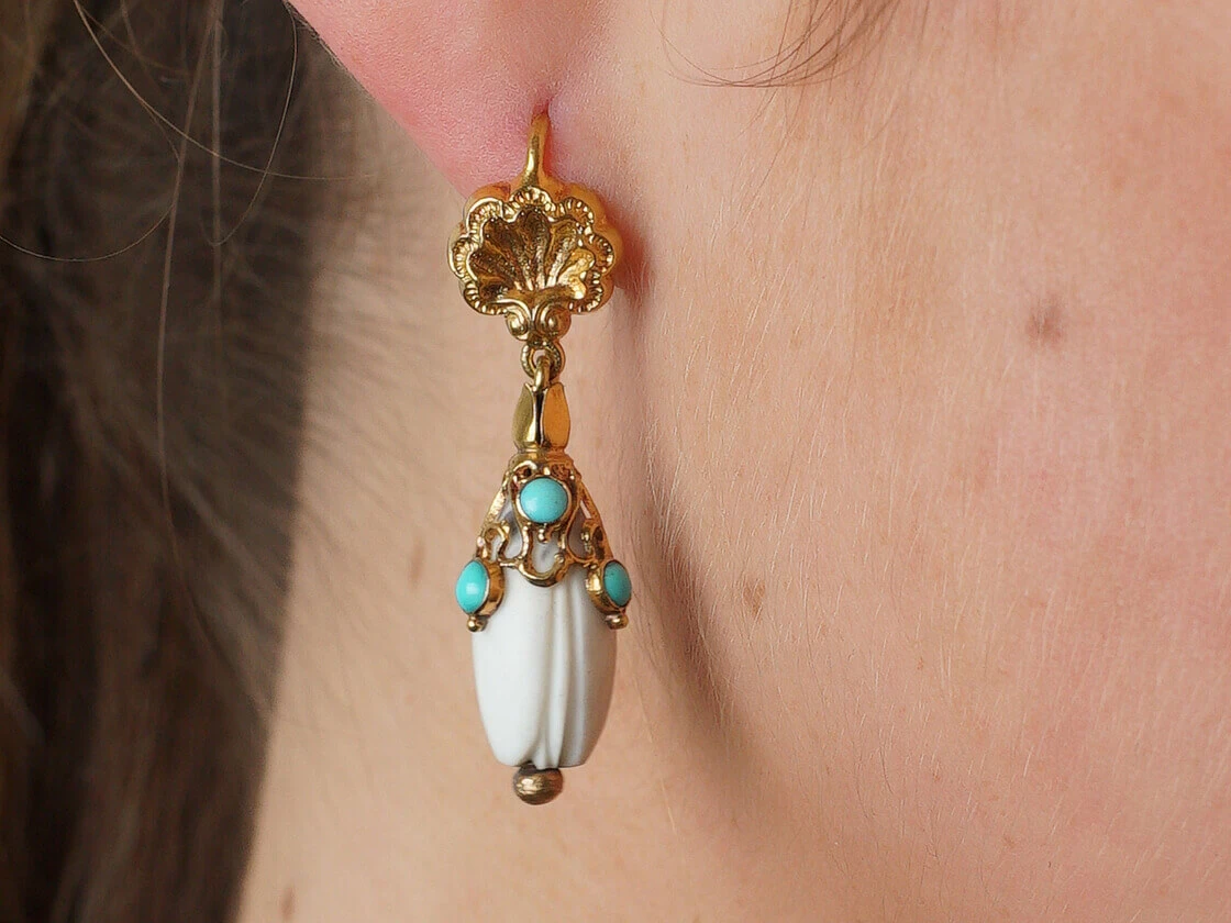 Regency 15ct Gold, White Coral & Turquoise Earrings 8 Regency 15ct Gold, White Coral & Turquoise Earrings - Image 6