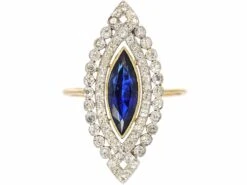 French Art Deco 18ct Gold & Platinum, Sapphire & Diamond Marquise Ring