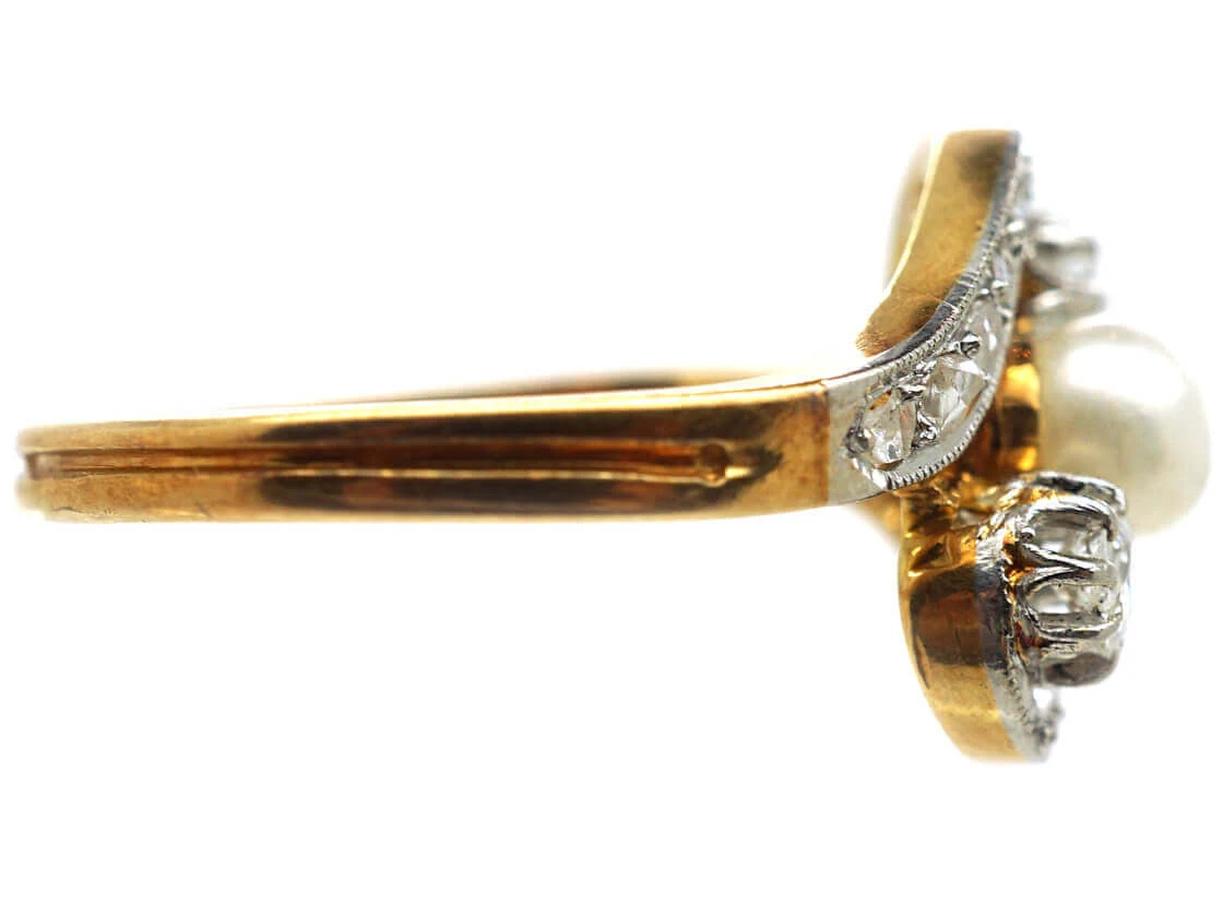 Art Nouveau 18ct Gold & Platinum, Diamond & Natural Pearl Crossover Ring 8 Art Nouveau 18ct Gold & Platinum, Diamond & Natural Pearl Crossover Ring - Image 6