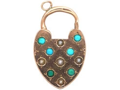 Victorian 9ct Gold Padlock Set With Turquoise & Natural Split Pearls