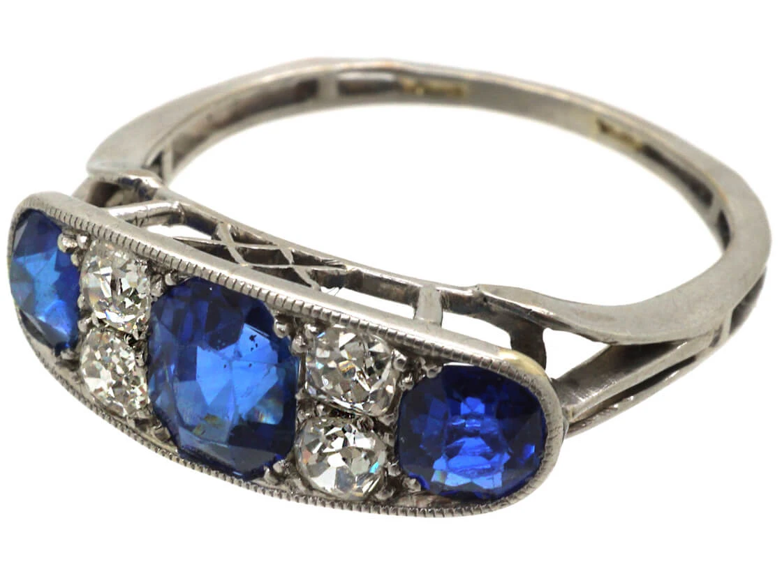 French Art Deco Platinum, Three Stone Sapphire & Diamond Ring 8 French Art Deco Platinum, Three Stone Sapphire & Diamond Ring - Image 6