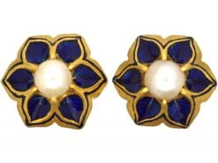 Victorian 18ct Gold, Royal Blue Enamel & Natural Pearl Stud Earrings