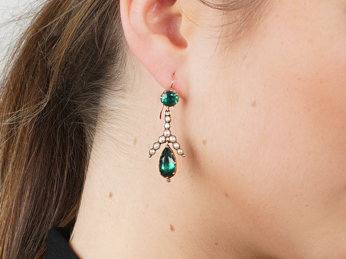 Georgian Green Paste & Pearl Gold Drop Earrings 7 Georgian Green Paste & Pearl Gold Drop Earrings - Image 5