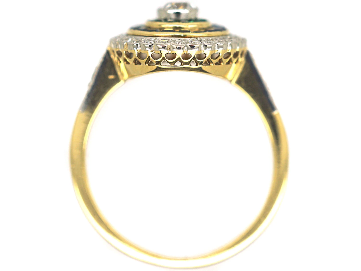 Art Deco 18ct Gold & Platinum, Diamond Emerald & Sapphire Target Ring 6 Art Deco 18ct Gold & Platinum, Diamond Emerald & Sapphire Target Ring - Image 4