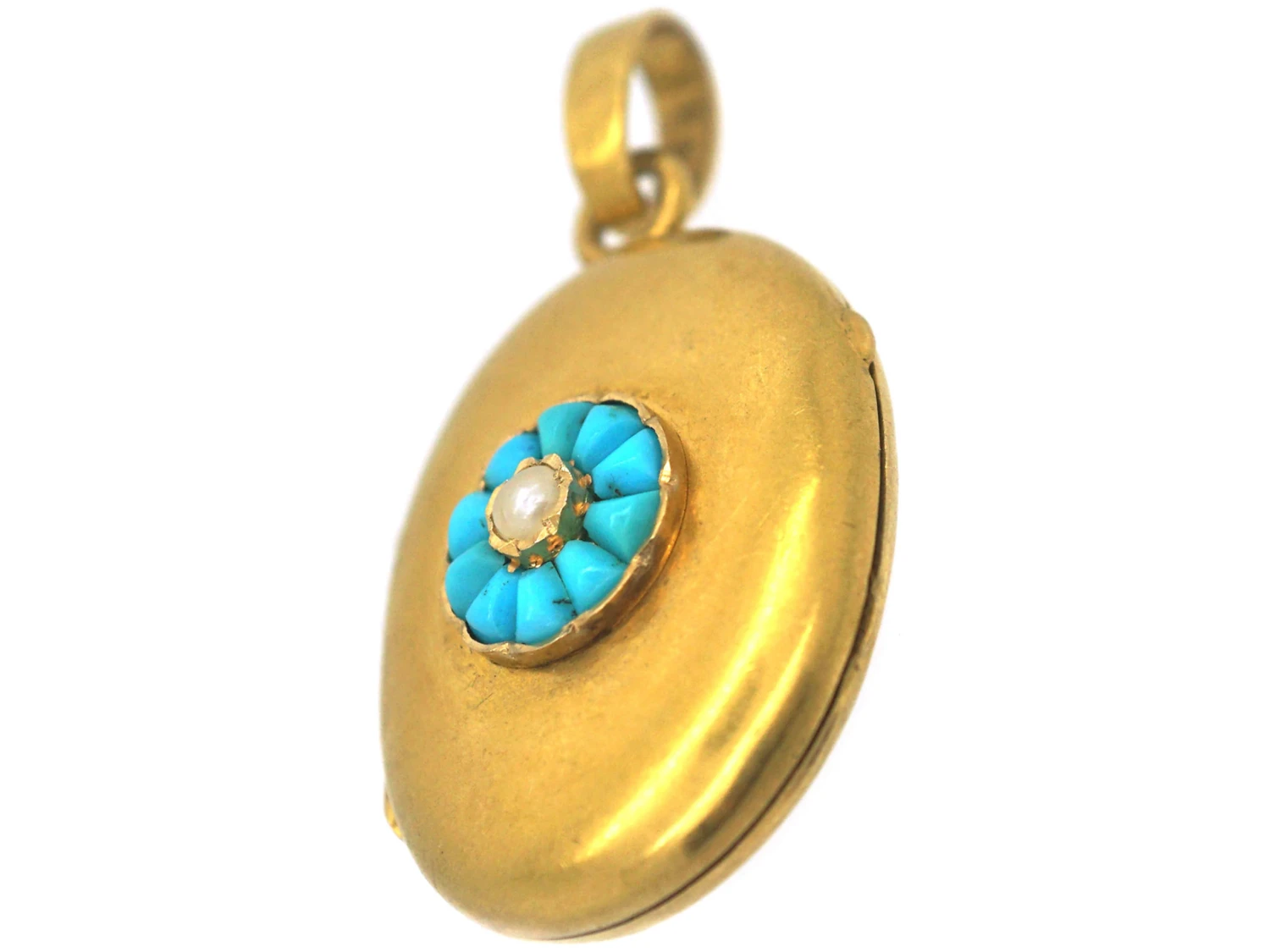French 18ct Gold Oval Shaped Locket Set With Turquoise & A Natural Split Pearl 5 French 18ct Gold Oval Shaped Locket Set With Turquoise & A Natural Split Pearl - Image 3