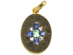 Edwardian 18ct Gold Oval Pendant Set With An Emerald, Rose Diamonds & Sapphires