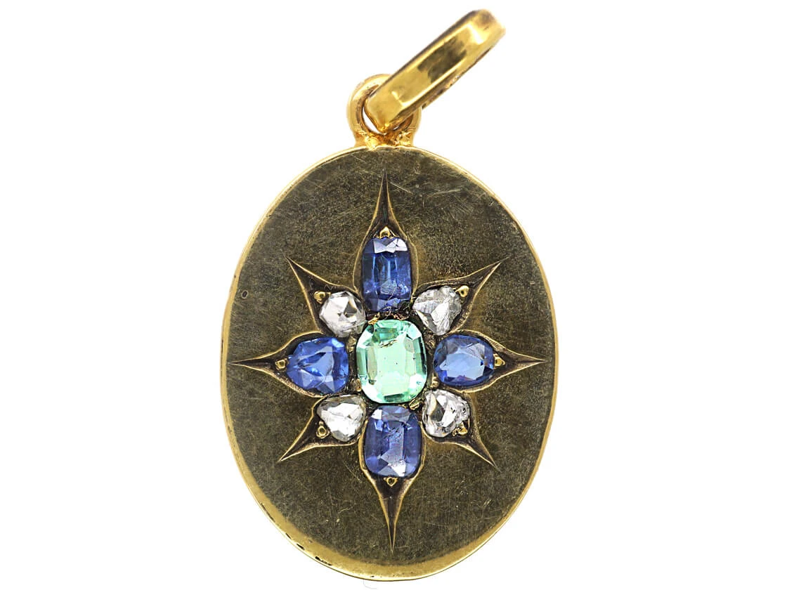Edwardian 18ct Gold Oval Pendant Set With An Emerald, Rose Diamonds & Sapphires 3 Edwardian 18ct Gold Oval Pendant Set With An Emerald, Rose Diamonds & Sapphires