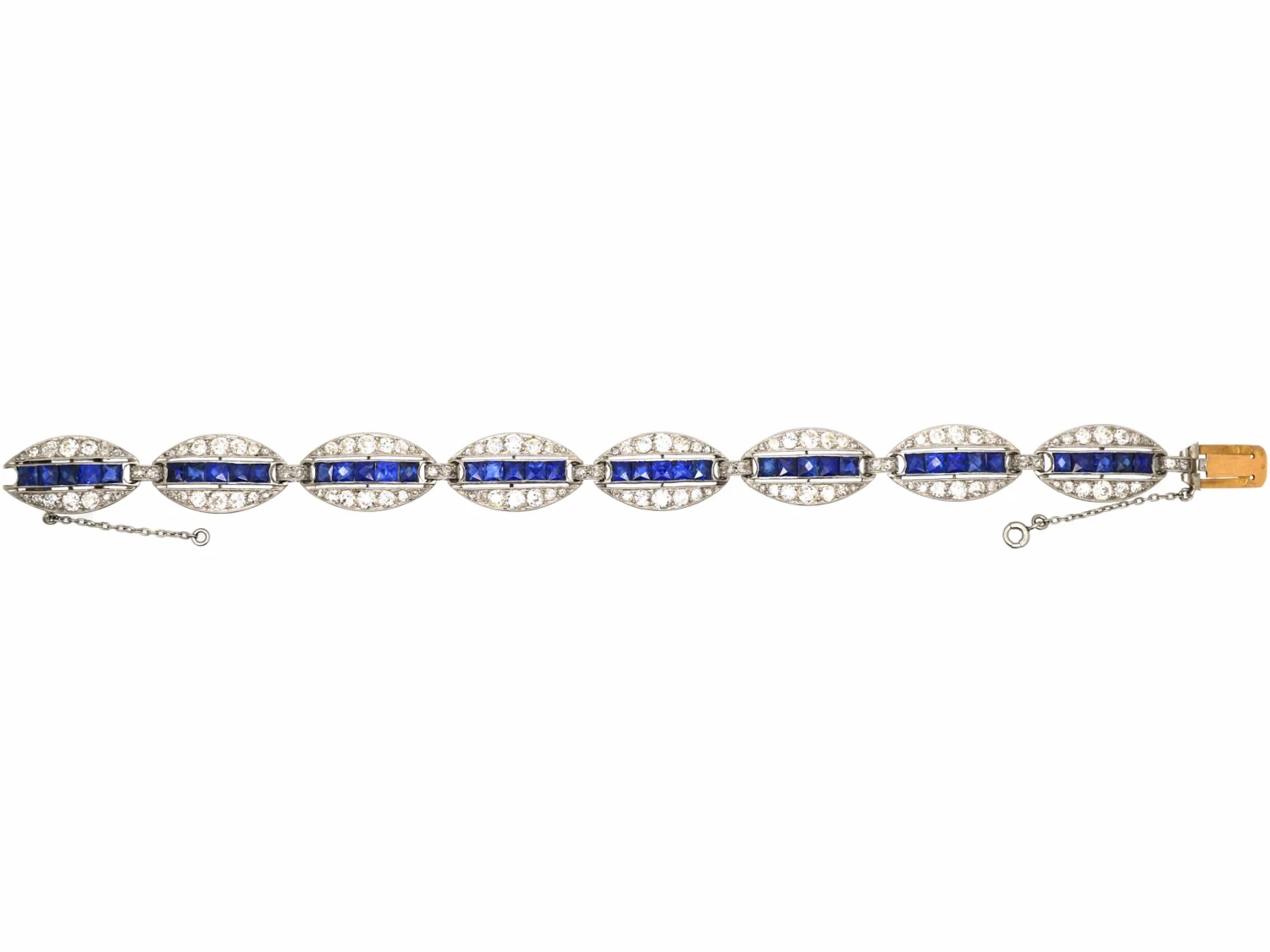 French Art Deco 18ct White Gold & Platinum, Diamond & Unheated Sapphire Elliptical Design Bracelet By Edouard Caen 4 French Art Deco 18ct White Gold & Platinum, Diamond & Unheated Sapphire Elliptical Design Bracelet By Edouard Caen - Image 2