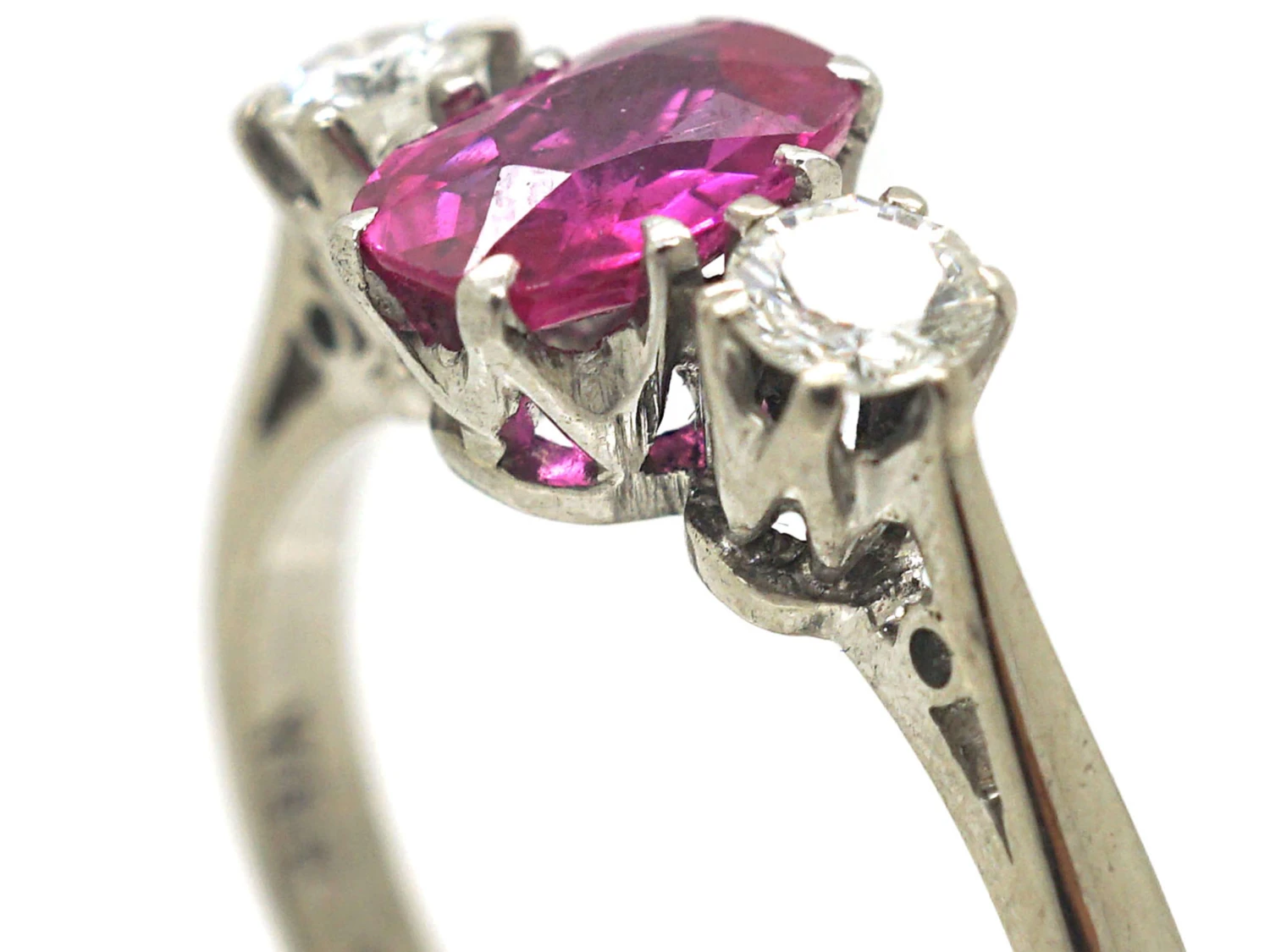 Art Deco 18ct White Gold & Platinum, Pink Sapphire & Diamond Three Stone Ring 4 Art Deco 18ct White Gold & Platinum, Pink Sapphire & Diamond Three Stone Ring - Image 2