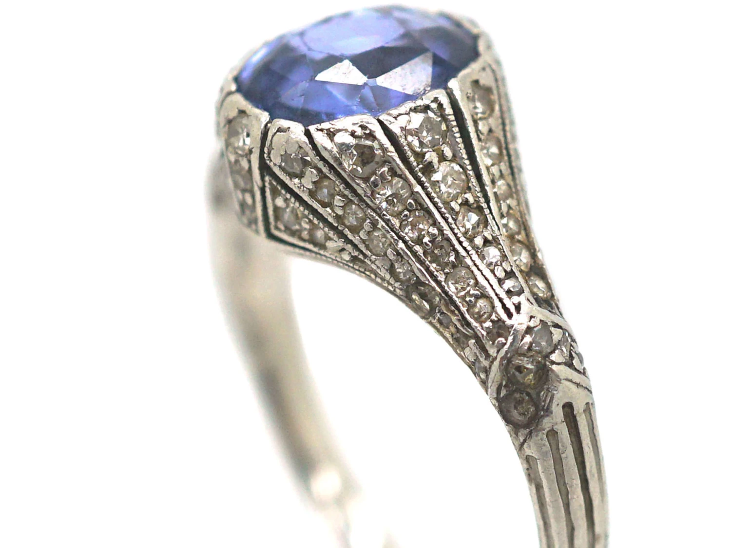 Art Deco Platinum, Ceylon Sapphire & Rose Diamond Ring 5 Art Deco Platinum, Ceylon Sapphire & Rose Diamond Ring - Image 3
